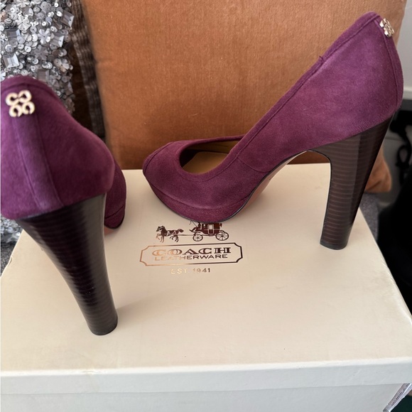 Coach Suede Peep Toe Platform Heels in Color Plum
